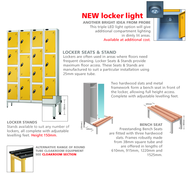 Locker Stands, Locker Room Benches and Seating.